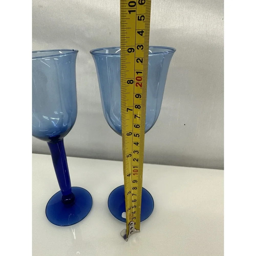 Set of 2 HAND Blown Cobalt Blue Stemmed Wine Water Glass / Goblets - 8 7/8
